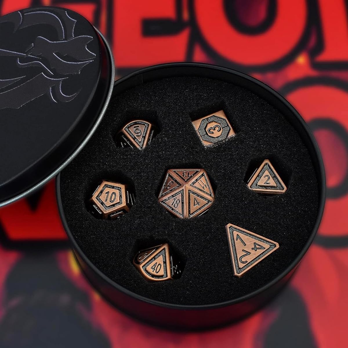 RULE DICE DND Dice Set, Metal Dungeons and Dragons Dice Set with Gift Box for Role Playing Games, 7 Piece Polyhedral D&D Dice Set, Ancient Red Plated