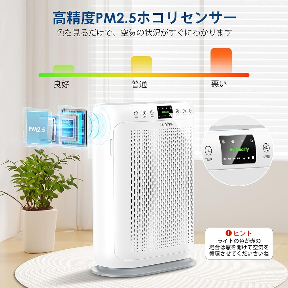 LUNINO Air Purifier, 2024 Model, Interior Light, Pollen Prevention, PM2.5 Automatic Detection, Multi-Purification, Enhanced Deodorization, Disinfectant, Powerful Purification, Pollen, Dust, Mildew,