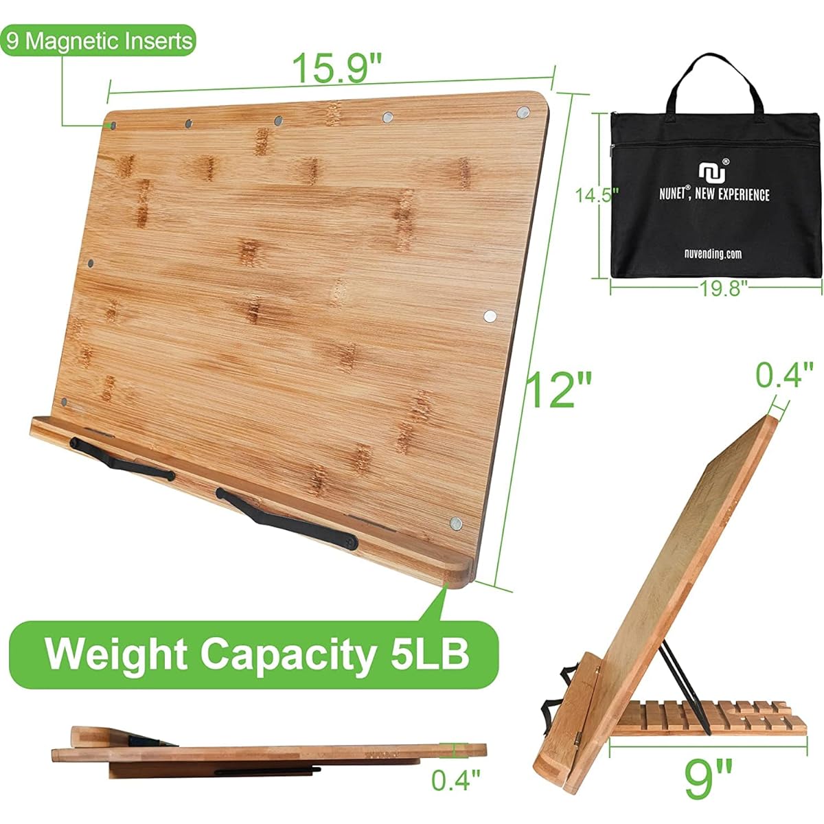 3-in-1 Music Stand for Sheet Music, XL 16" x 12" Metal Clip with Bamboo Holder & 60" Tripod for Camera/Projector, Portable Height Adjustable Drawing Easel Cookbook Stand Desktop Floor, Carry Bag