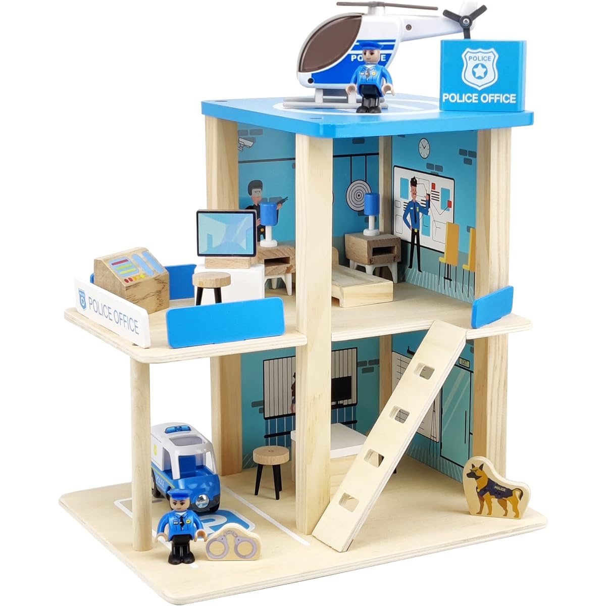 Wooden Police Station Playset Toy, Multicolor, 3 Levels, Pretend Play, Dollhouse Set, Figures, Cars, Helicopter, Accessories, Preschool Learning Educational Toys for Toddlers, Ages 3+