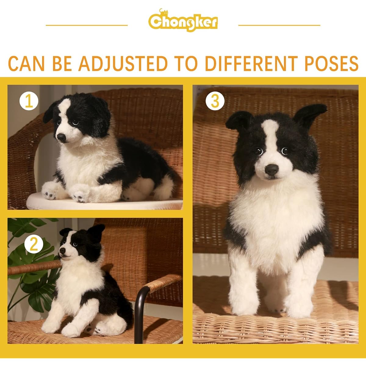 Chongker Stuffed Animal Puppy Border Collie Handmade Realistic Toy Dog Huggable Plush Dog Companion Pet Gift for Kids Dog Lovers Birthday Anniversary