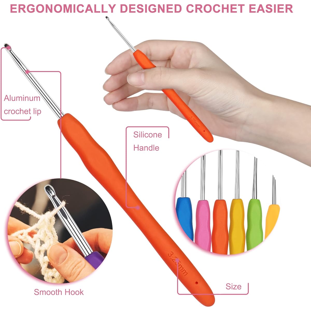 Aeelike Crochet Hooks, 62pcs Crochet Hook Set, 2mm(B) - 6mm(J), Ergonomic Crochet Hooks, Aluminum Crochet Needles with Handle, Travel Crochet Kit, Crochet Set for Beginners with Pink Crochet Hook Case