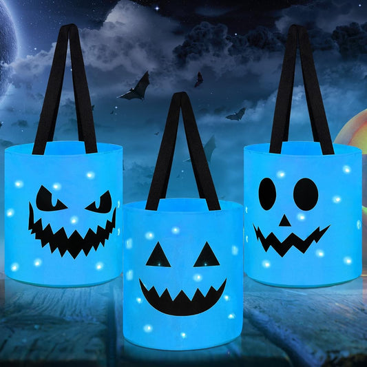 3 Pieces LED Light Halloween Candy Bag Light Up Halloween Party Bag Trick or Treat Bag Pumpkin Smile Face Light Up Candy Bag Multipurpose Reusable Goodie Bucket for Kids Halloween (Blue)
