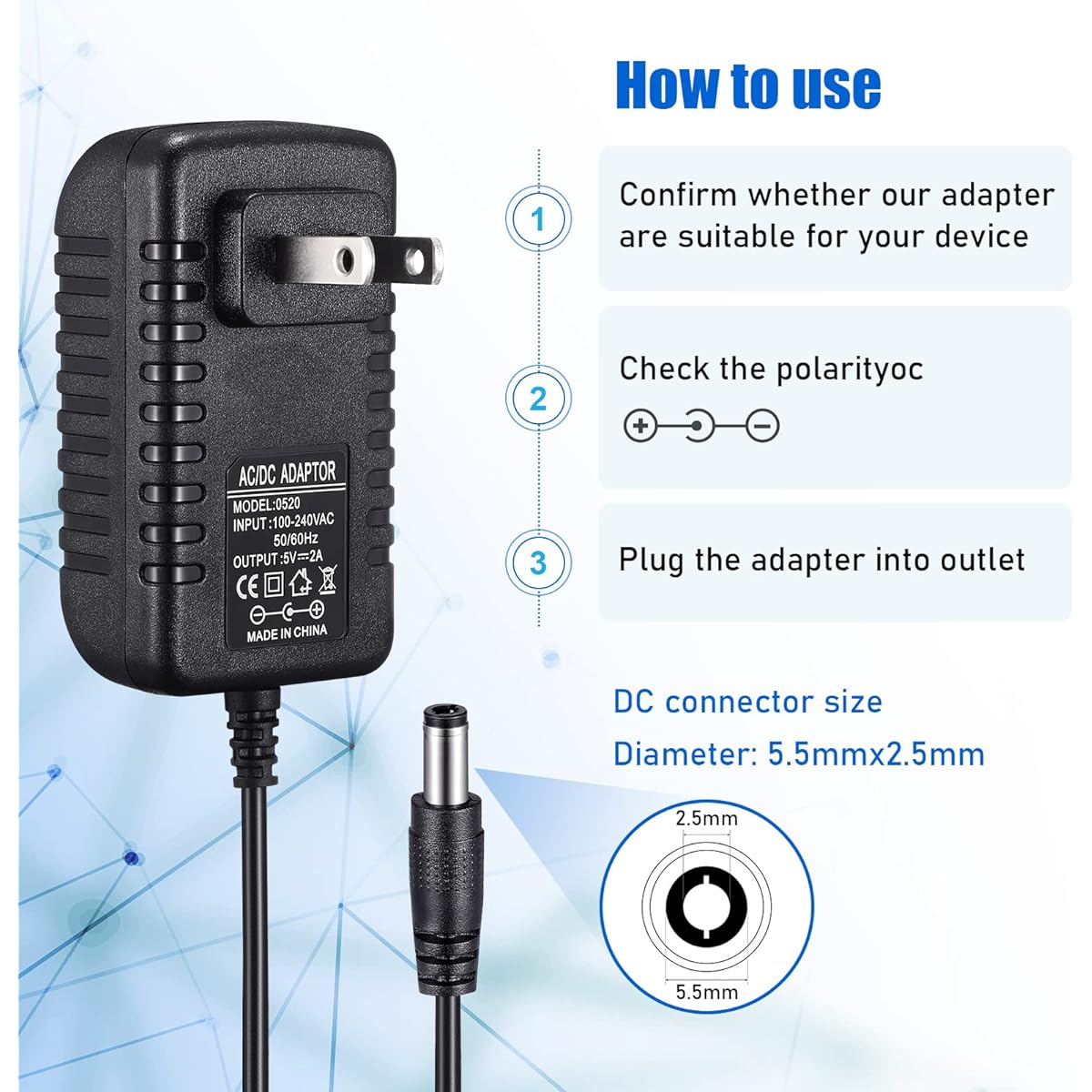 Suacopzar 5V 2A Power Adapter DC 5V 10W Switching Power Supply AC 100V-240V to DC 5 Volt 2 Amp Universal Switching Transformer 5.5x2.5mm & 5.5x2.1mm Plug for Router/CCTV Camera