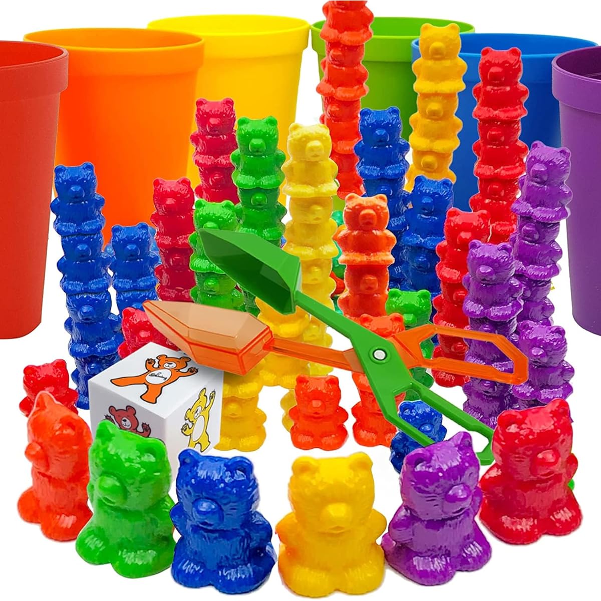 [LOVSAK] Skoolzy Rainbow Stacking Bears with Matching Sorting Cups 69 Piece Toys_and_Games Set for Baby, Kid, 60 Bear counters, Scissor Tongs, Rainbow Cups, Storage Bag, dice