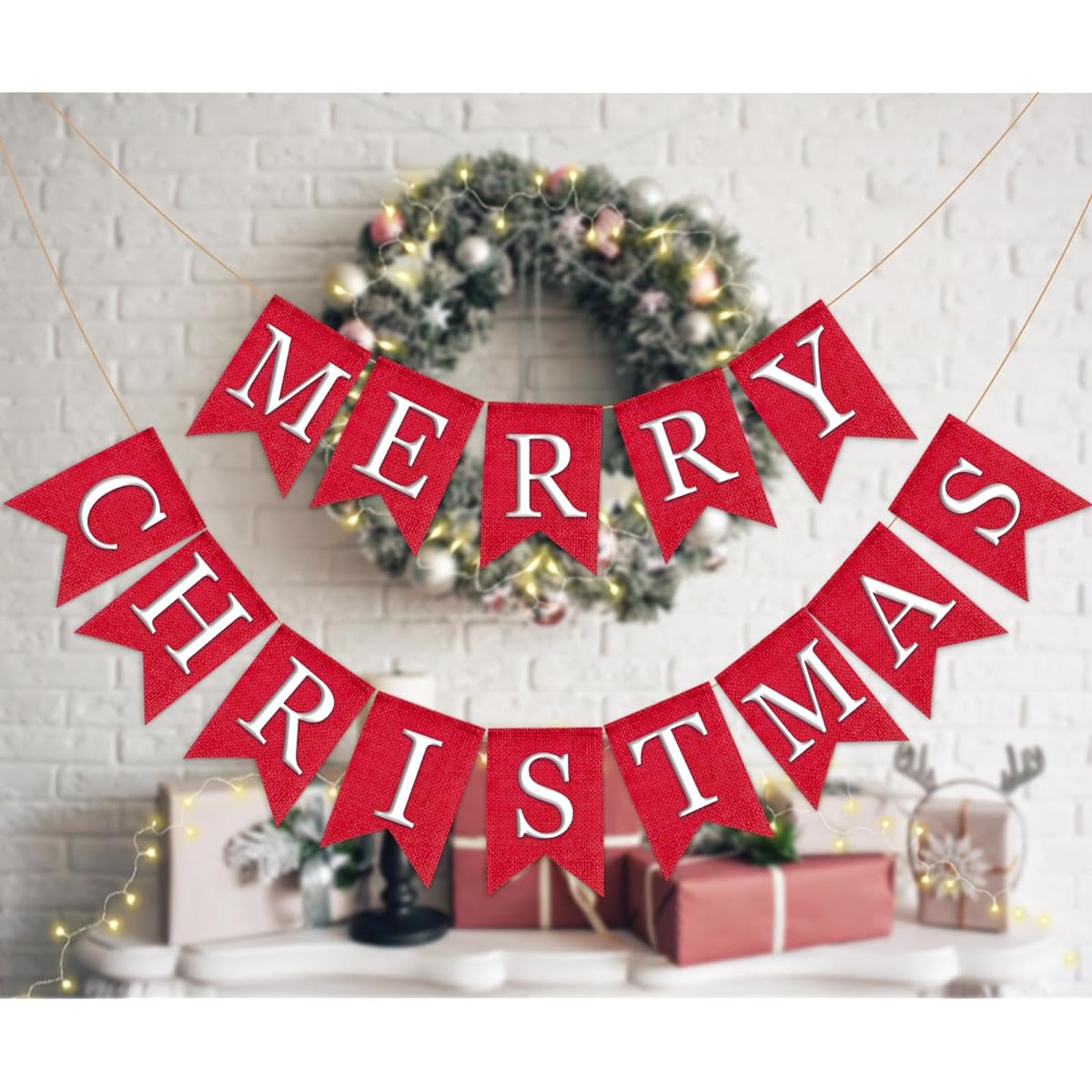 Whaline Christmas Burlap Banner Felt Merry Christmas Banner Red White Xmas Bunting Garland Pre-assembled Celebration Hanging Decorations for Home Party Decor Set of 2