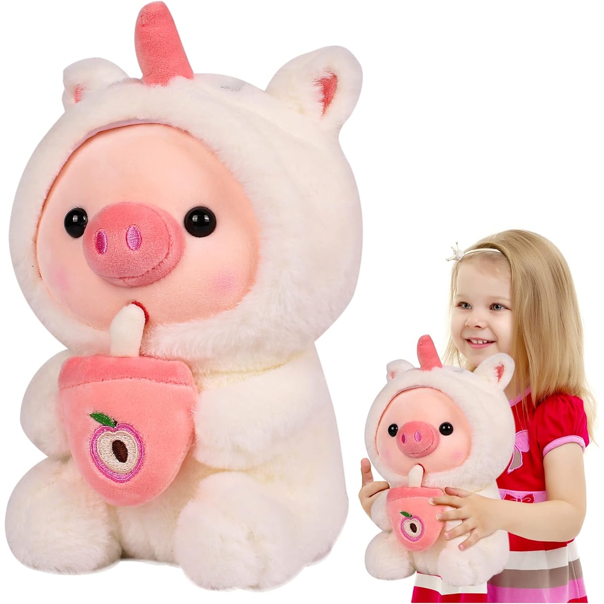 Plush 9.8 Inch Pig Stuffed Pillow Reversible Soft White Cartoon Stuffed Doll Pig Drink Boba Tea Stuffed Toy Gift Boys Girls