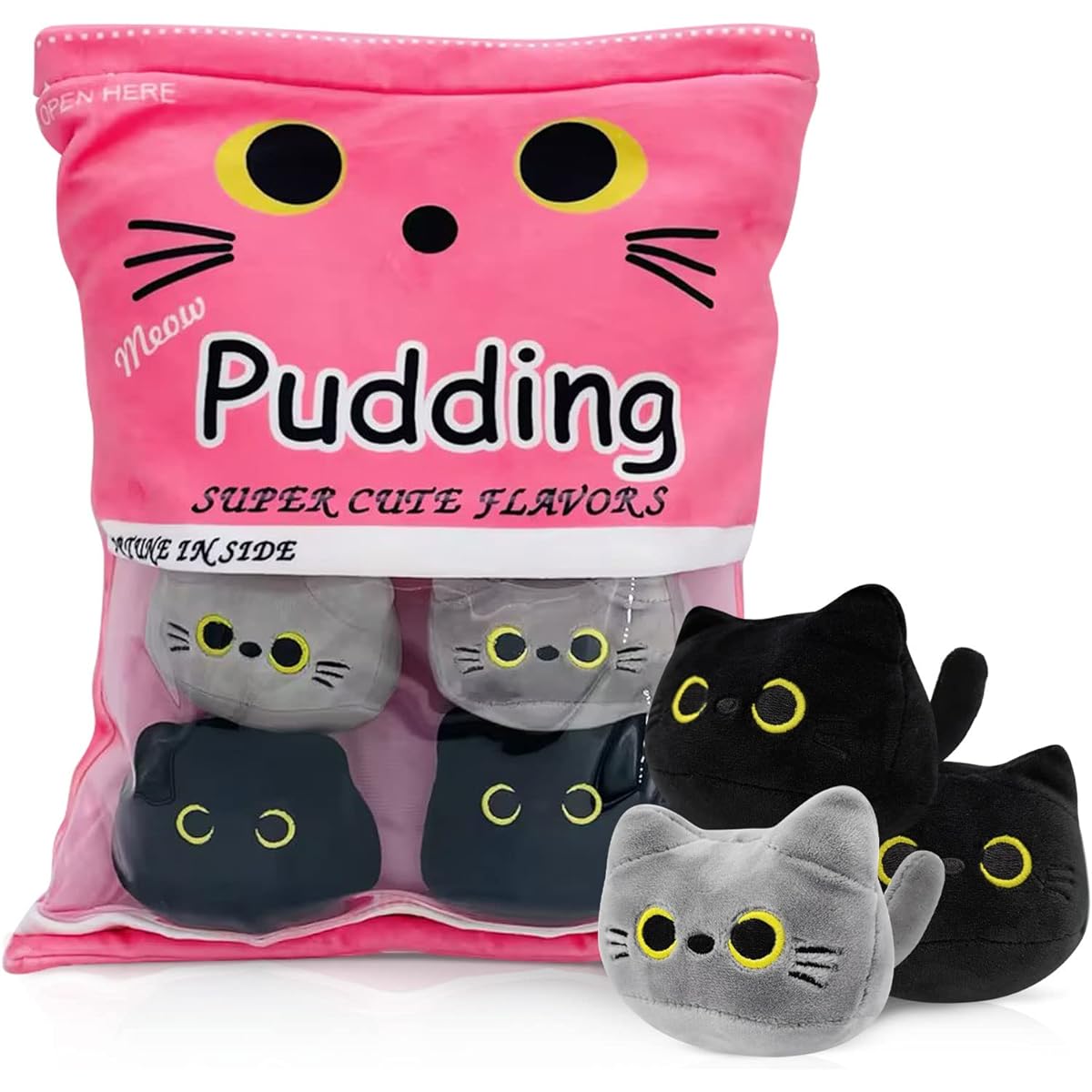 Cute Black Cat Plush Toy Detachable Stuffed Animal Plush Toy Soft Cute Gray Cat Plush Toy Cushion Home Decoration Gift for Children Girls (6 Bags, Pink)