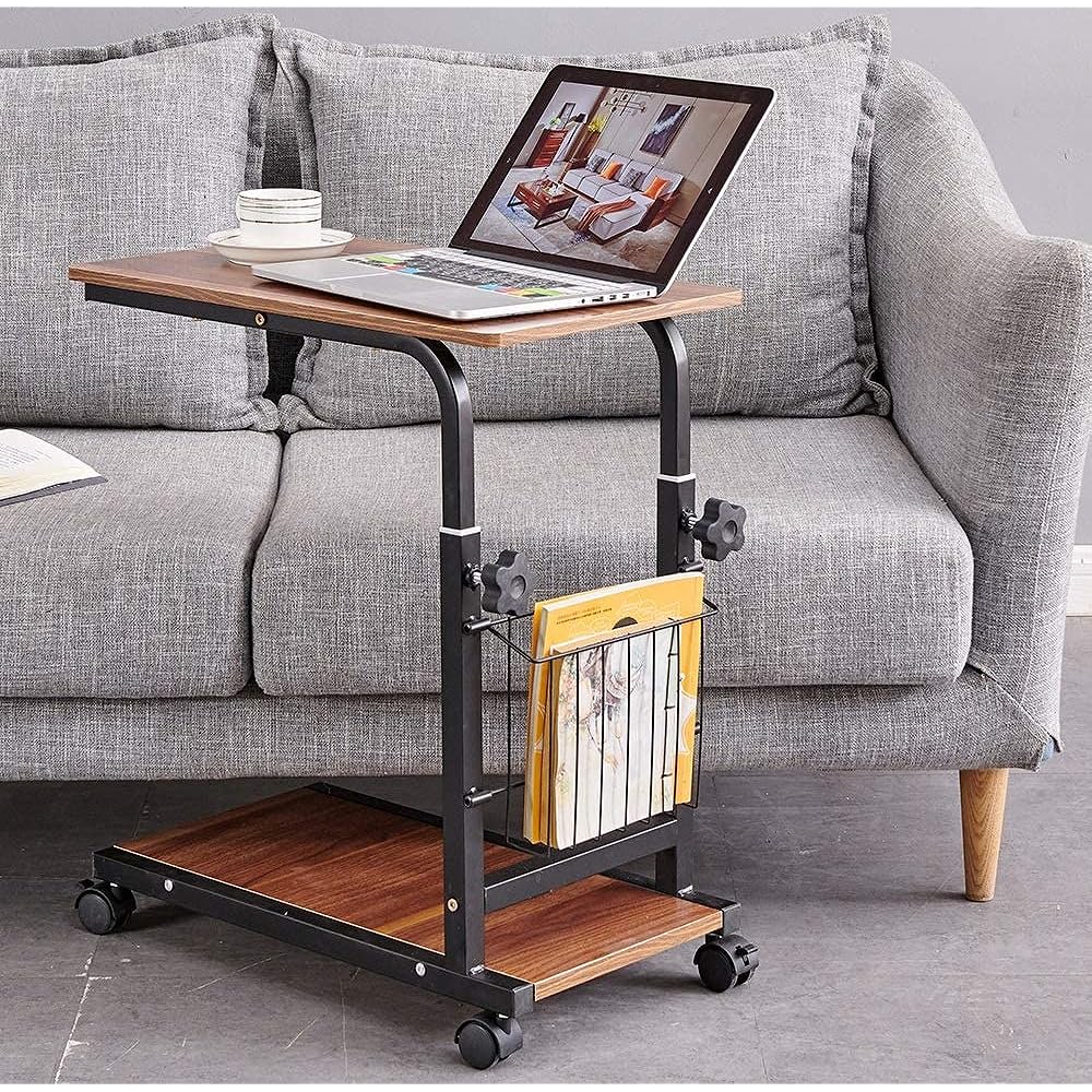 NeatClean Side Table, Liftable, U-shaped Design, Movable Desk, Desk with Casters, Storage Shelf Included, Night Table, Easy to Remove Stains (Black)