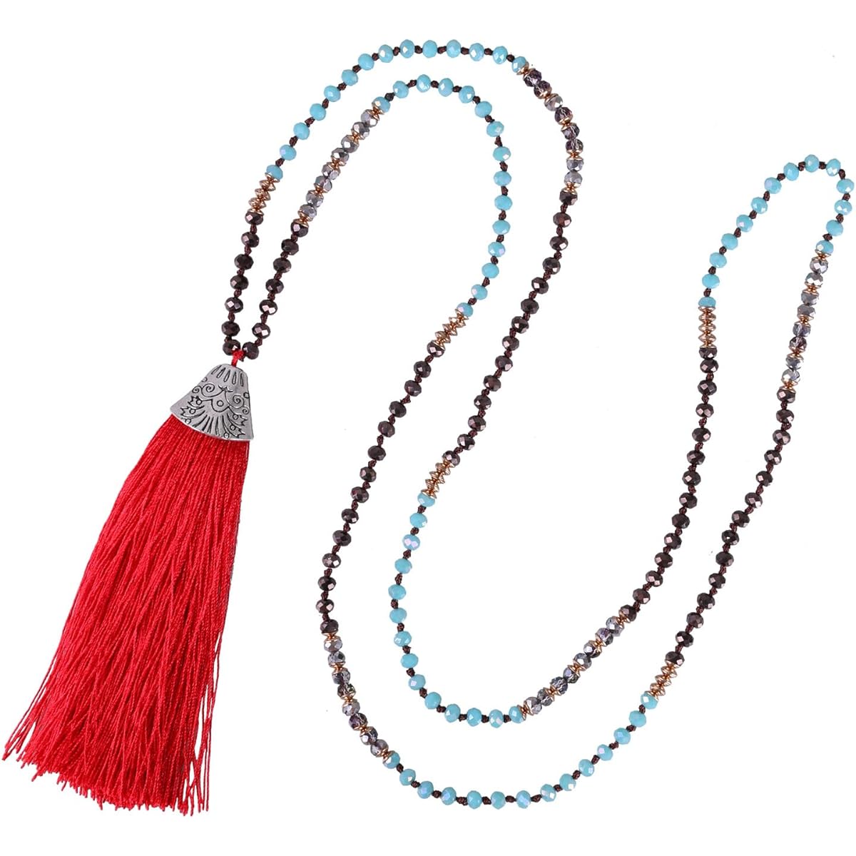 (Red) - KELITCH Crystal Long Beaded Necklace Layering Fish Mouth Tassel Pendant Necklace New Jewellery