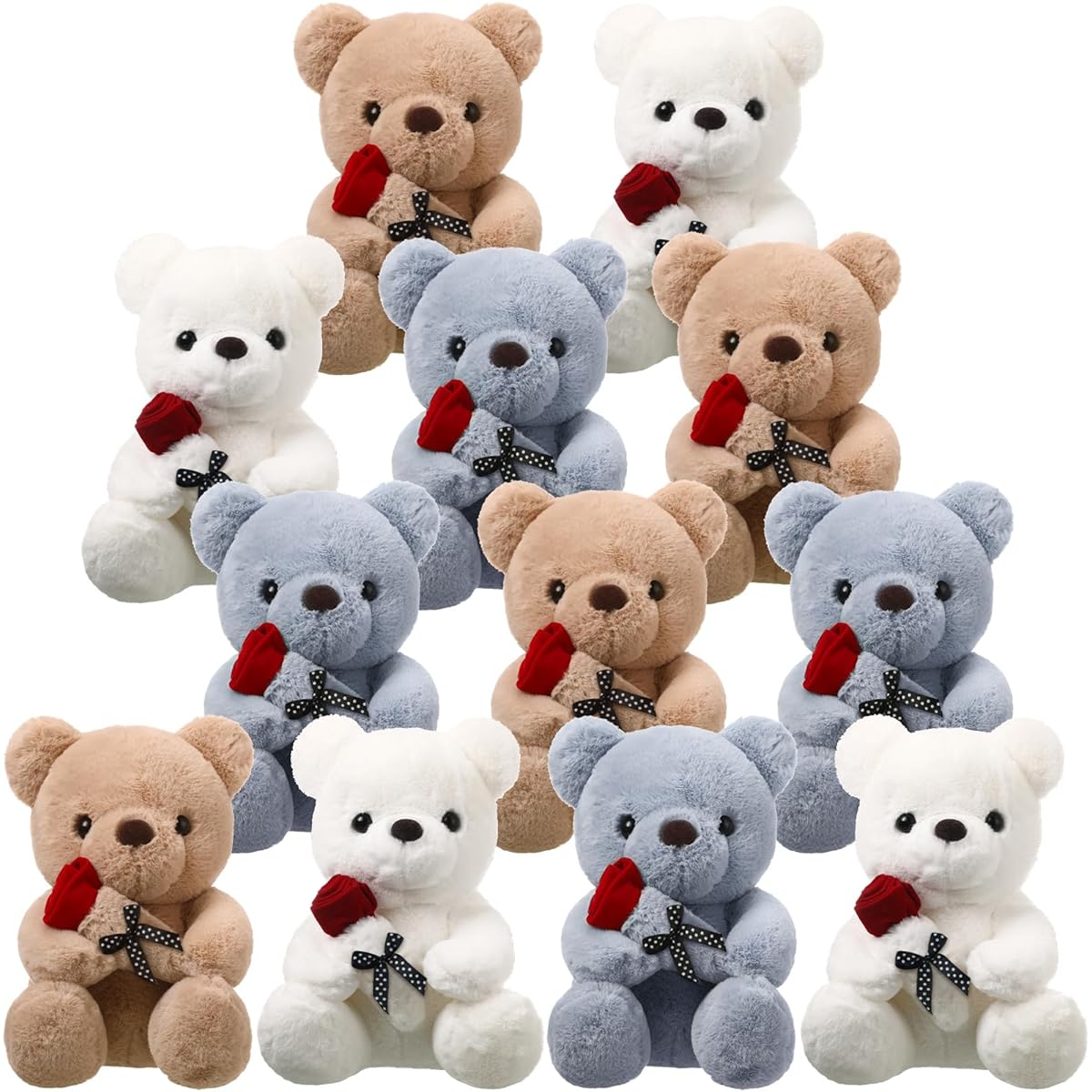 Jexine 12pcs 9" Stuffed Animal Bear Doll Plush Toy Small Bear Stuffed Animal with Rose for Girlfriend/Wedding Gift/Baby Shower/Birthday Party/Favors, 3 Colors