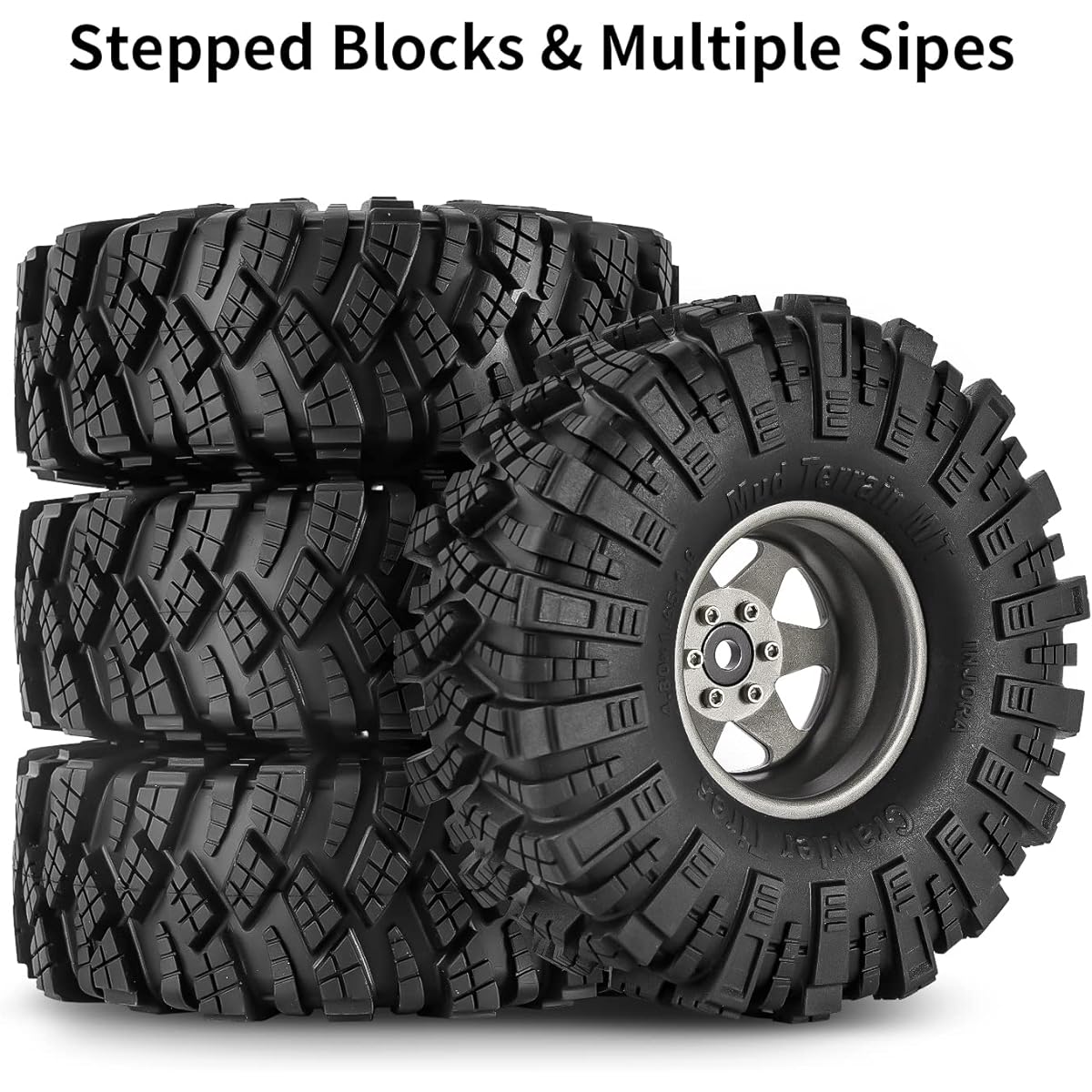 INJORA 1.9 Mud Tires Set Offset -8.9mm Beadlock Wheel Rim for 1/10 RC Crawler Car Axial SCX10 90046 UTB18 TRX4 Upgrade Part (Grey)