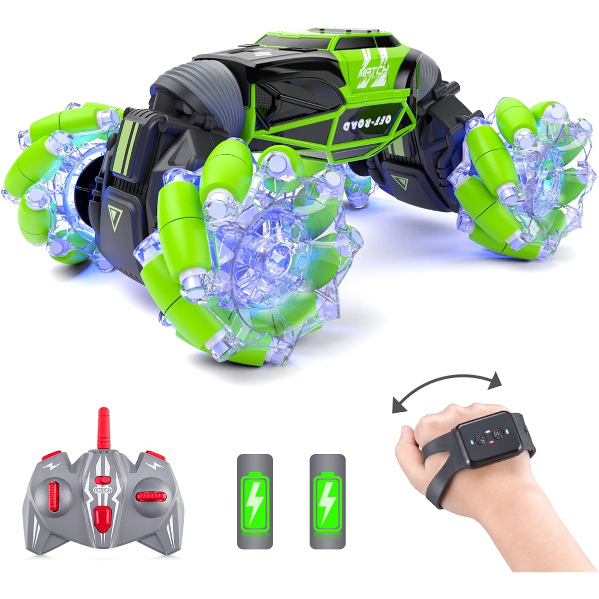 Powerextra LED Gesture RC Car 4WD Transform Remote Control Gesture Sensing Car Double Sided 360° Rotation Off-Road Stunt Car with Lights Toy Car for 6-12 Year Old Boys & Girls