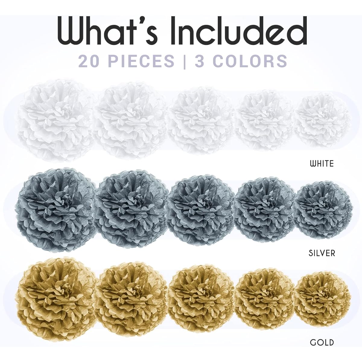 EpiqueOne 20 Piece Tissue Paper Pom Poms Party Kit - Make a splash of gold, silver and white for your celebration! Perfect for birthday parties, bridal showers, weddings, anniversaries and graduations
