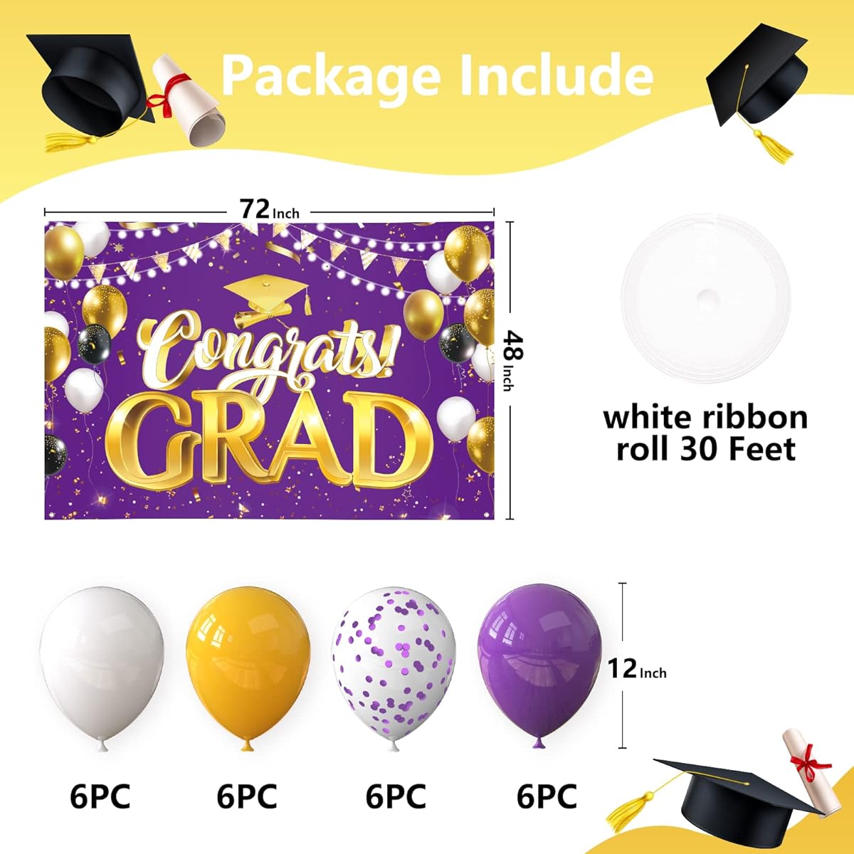 Arosche Extra Large Graduation Banner Decorations 72" x 48" Backdrop with 24 Balloons, Graduation Celebration 2023 Photo Background for Indoor Outdoor College Yard Backyard Party Supplies (Purple)