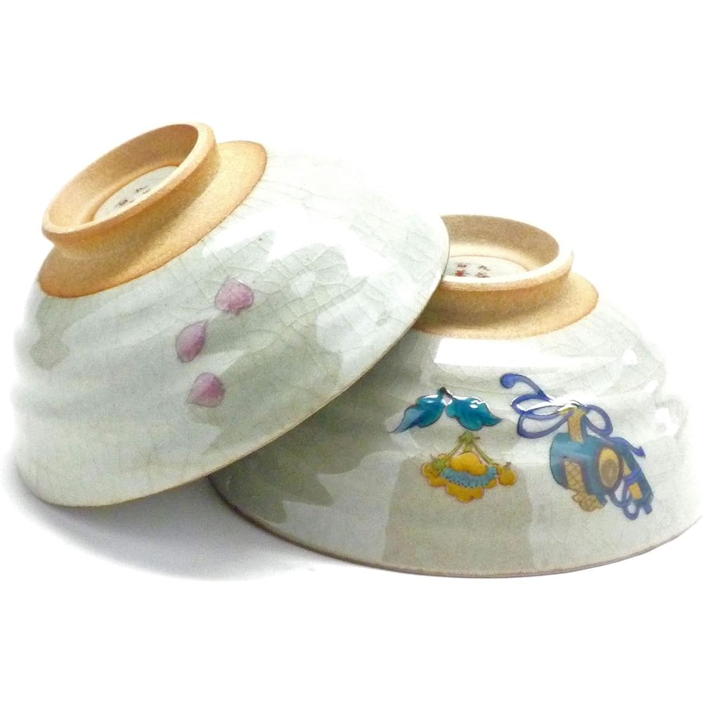 Kutani ware [pair rice bowl] Somei Yoshino cherry tree, golden plum and bird, pink, yellow, blue, blue, green, brown, 12 x 5.3cm (large)
