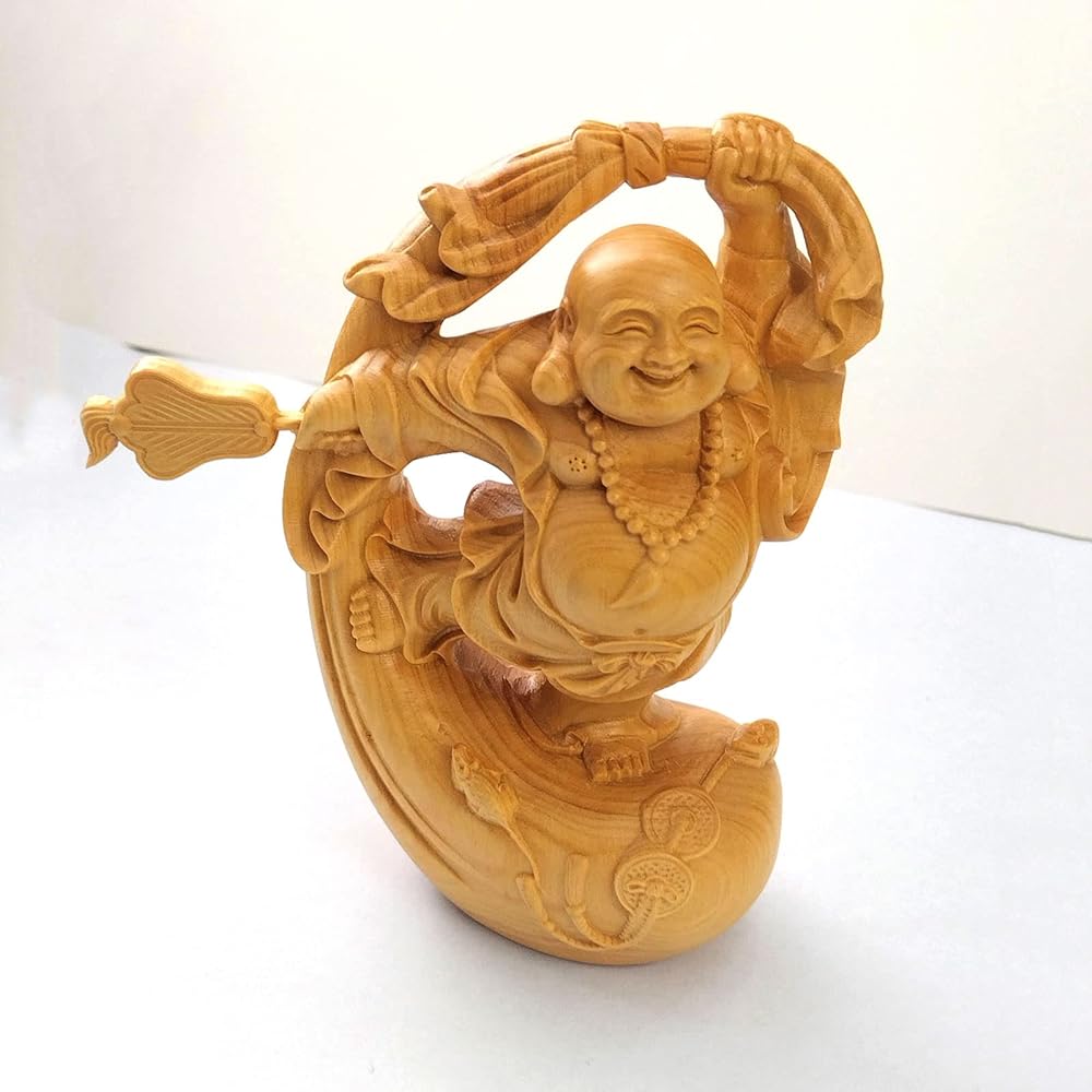Wood carving, Hotei-sama, high quality natural boxwood wood carving, fortune, fortune, money, Buddha statue, ornament, auspicious, handmade craft (height 10cm x width 6cm x depth 3.5cm)