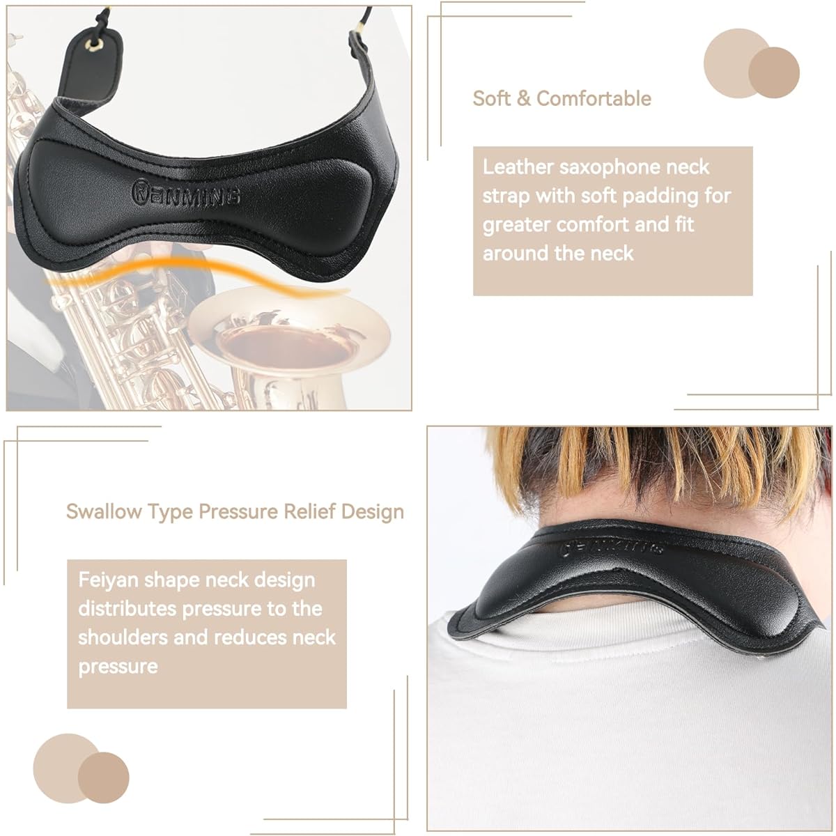 RANMING Saxophone Neck Strap Alto Saxophone Neck Strap Adjustable Length Leather Saxophone Sealed Swivel Metal Hook Saxophone Padded Neck Strap for Alto Tenor Saxophone Clarinet Oboe