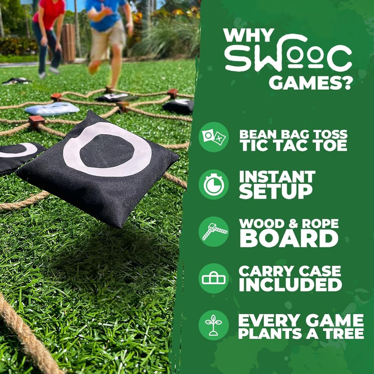 SWOOC Games - Giant Tic Tac Toe Game Outdoor Game | 3' x 3' | Instant Setup No Assembly Required | Tic Tac Toe Bean Bag Toss with Rope Game Board | Large Tic Tac Toss Yard Game for Kids & Families