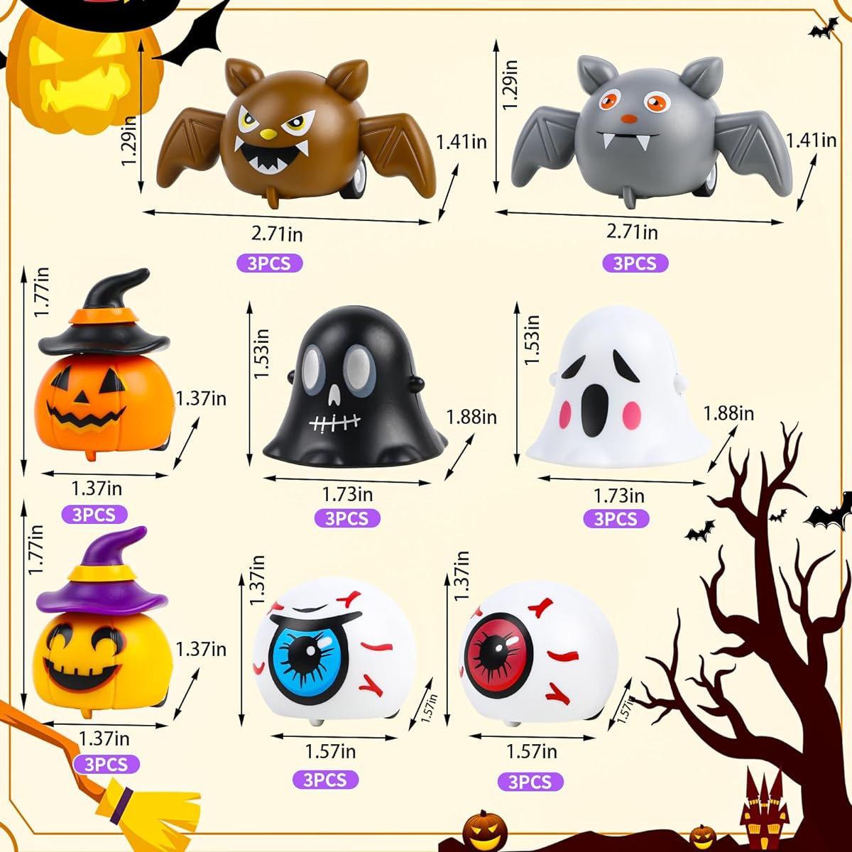 KIMOBER 24 Pieces Halloween Pull Back Car Assortment Mini Friction Power Cars for Kids Halloween Party Favors Trick or Treat Gift Bag Filler