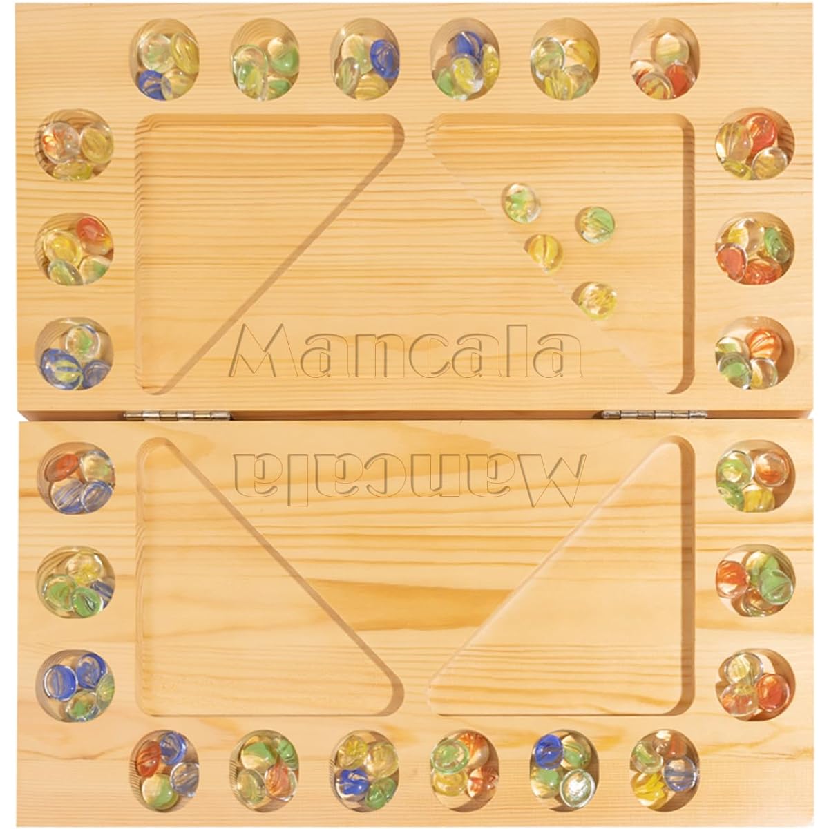 Mancala Board Game 4 Player Solid Wood Foldable Mancala Board Multi-Colored Glass Stone Mancala Family Travel Strategy Game Set Game Instructions