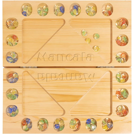 Mancala Board Game 4 Player Solid Wood Foldable Mancala Board Multi-Colored Glass Stone Mancala Family Travel Strategy Game Set Game Instructions