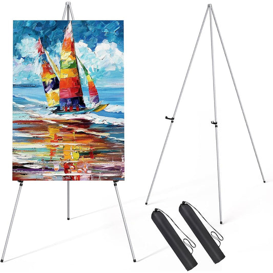 SunyesYoon Display Silver Easel Stand - 63" Artist Instant Tripod Foldable Portable Floor Easel - Adjustable Art Poster Easy Fold Metal Stand for Display Show Wedding Painting - 2 Pack