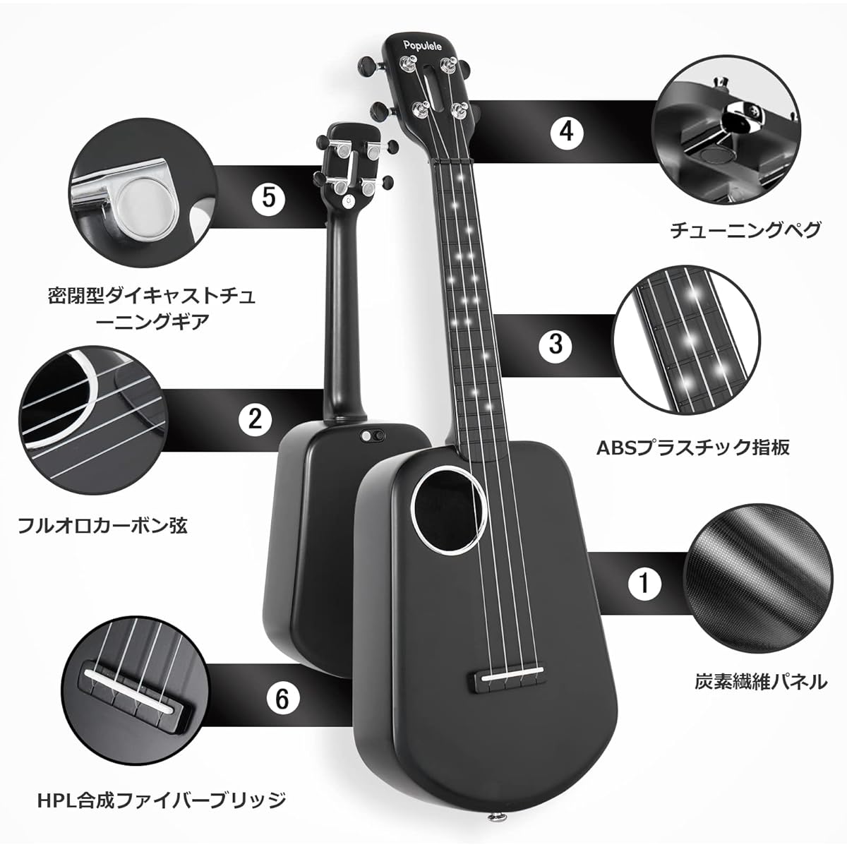 POPULELE Concert Ukulele Total Length 23 Inches All Carbon Fiber Nylon Strings LED Smart APP Control Beginner Ukulele Matte Texture Black Beginner String Instrument