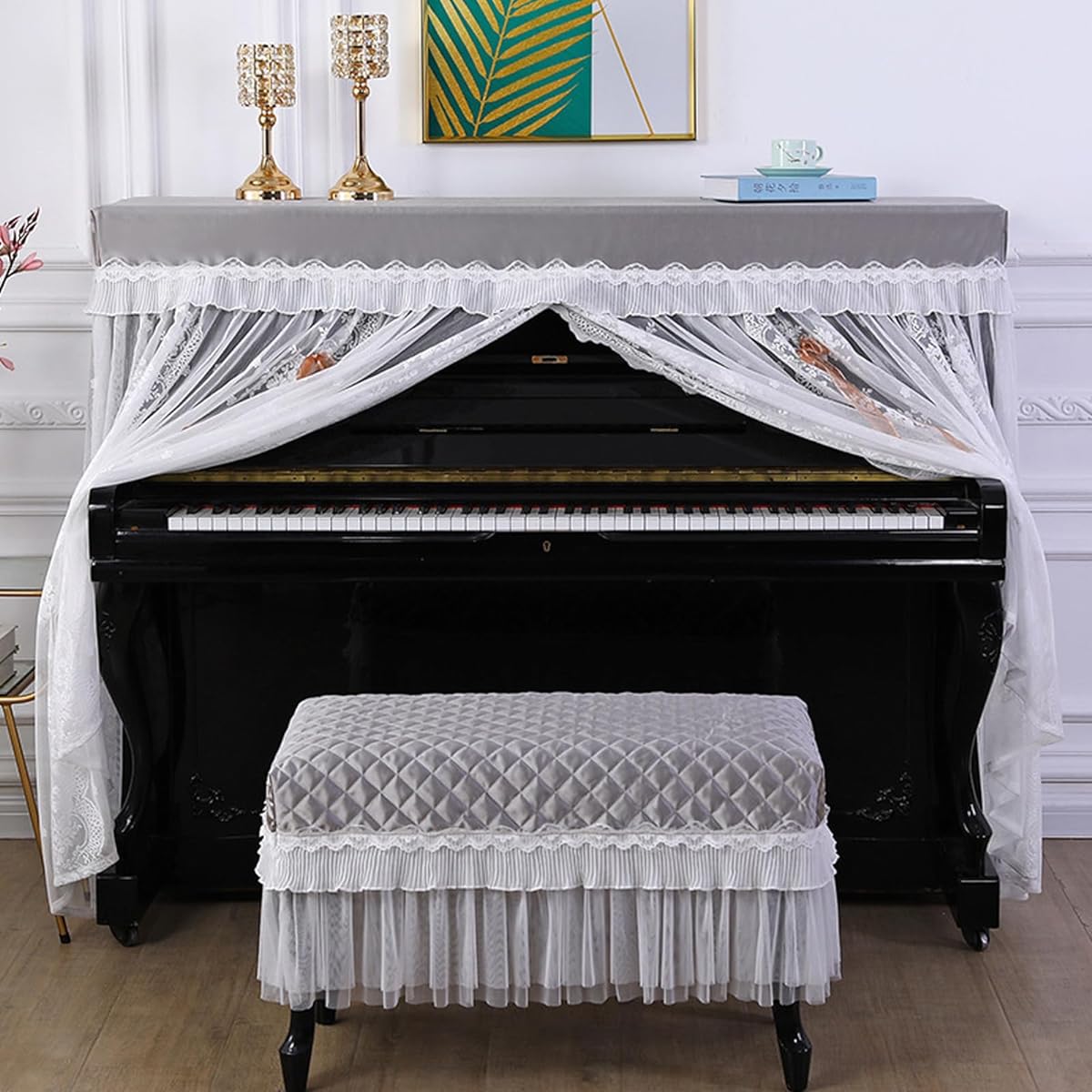 Thickened piano protective cover, piano stool cover, lace upright piano cover, modern and simple, dustproof and washable, gift for friends, easy to clean, gray