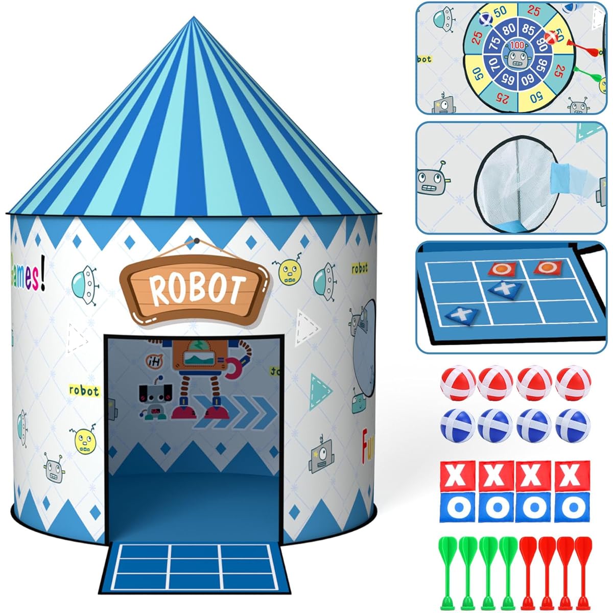 Tent, Foldable, 4in1 How to Play, Secret Base, Dart Game, Adhesive Ball Game, Sandbag Throwing Game, Storage Bag Included, Lightweight, Breathable, Indoors, Outdoors, Parent-Child Game, Educational Toy, Children's Present, Gift, Kindergarten Gift (Blue)