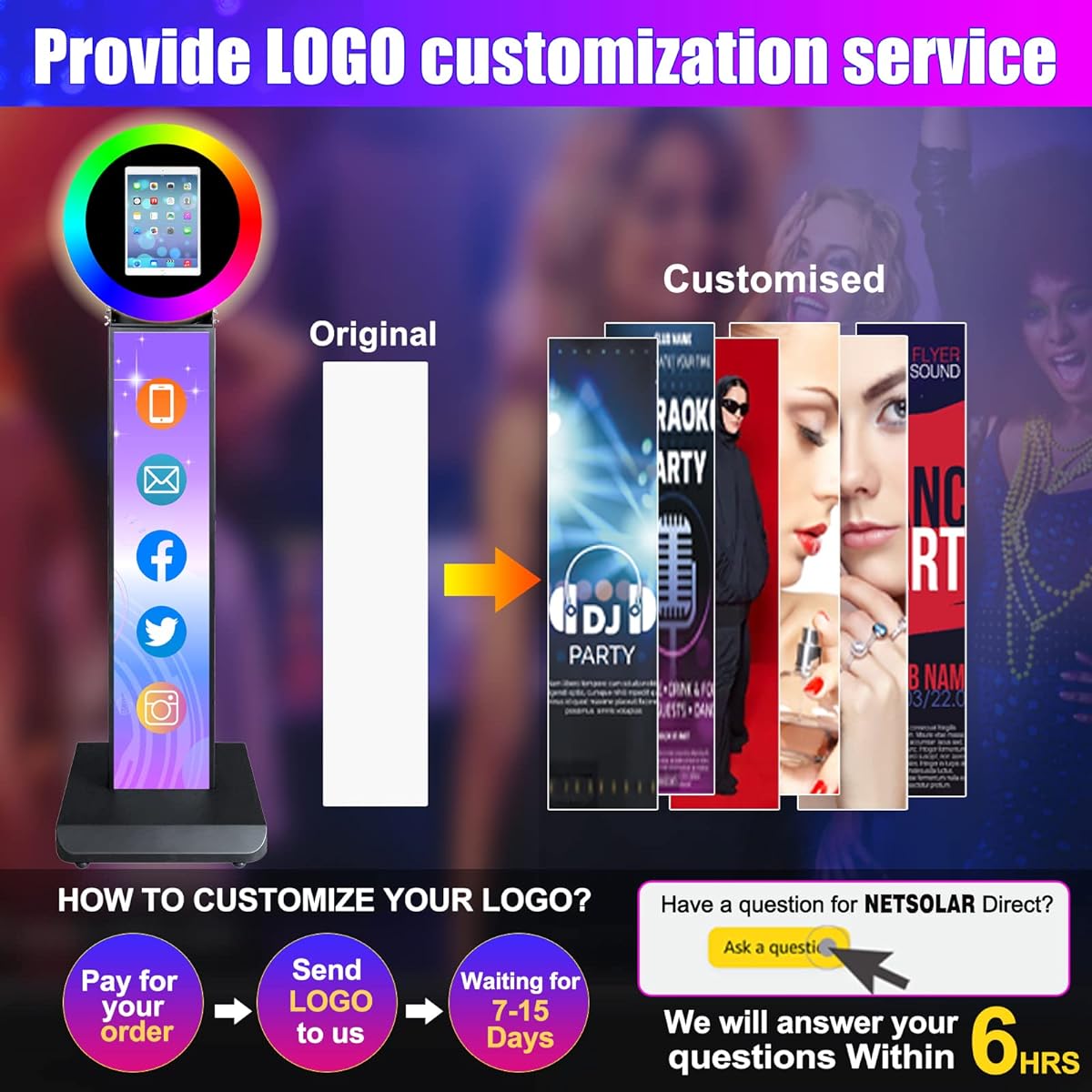 NETSOLAR Portable Photo Booth Shell Stand Stand for iPad 10.2" 10.9" 11" 12.9" Customized Logo Selfie Photo Booth Machine with RGB LED Ring Light and Honeycomb Box for Events/Rentals/Weddings (Black)