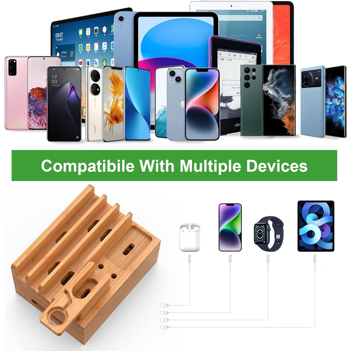 Bamboo Multifunctional Charging Station, Desk Bamboo Charging Stand, Docking Station Organizer, Compatible with Phones, Tablets, Watches, Earbuds (Includes 1 Watch and Earbuds Stand, 6 Cables, USB Charger)