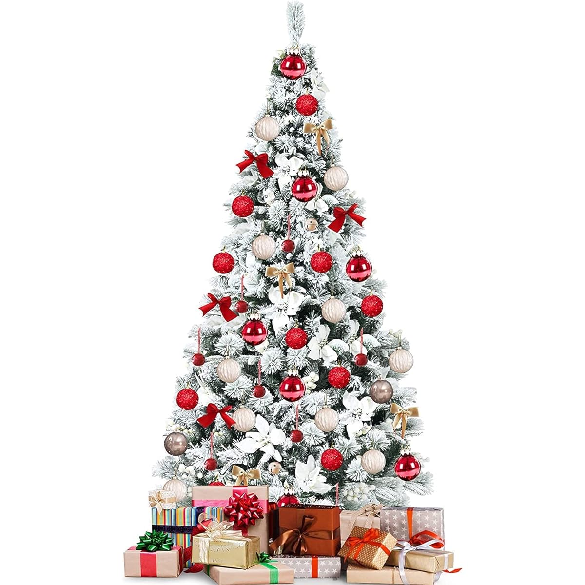 SPSUPE Artificial Snow Flocked Christmas Tree with Hinged Design, White Berries and Poinsettia Flowers, Foldable Metal Stand for School/Office/Home Holiday Decorations (6ft)