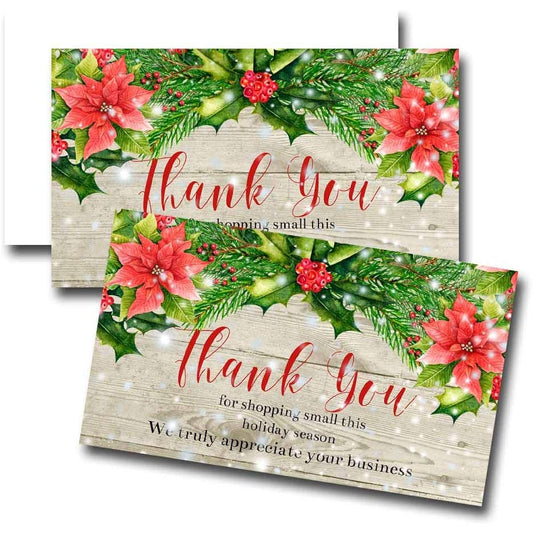 AmandaCreation Snowy Christmas Red Poinsettia Holiday Themed Customer Thank You Package Inserts 2" x 3.5" Single Sided Insert Cards of 100