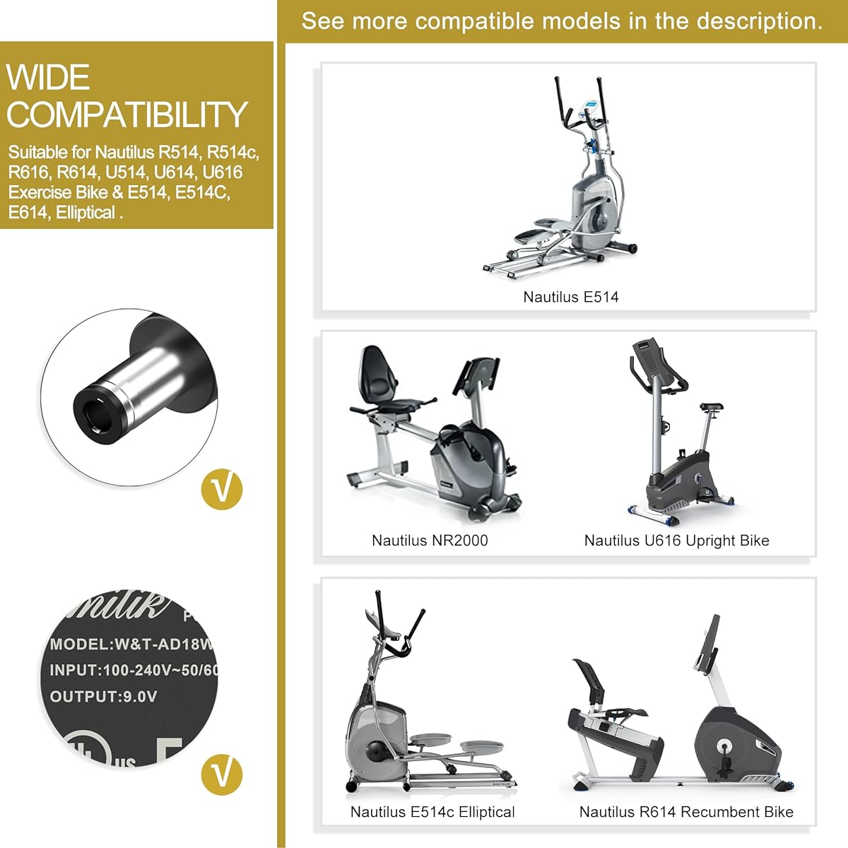 Omilik 9V AC Adapter Nautilus Elliptical R514 R514c R616 R614 R618 U514 U614 U618 E514 E514c Exercise Bike CY48-0901500 for Nautilus 2000 NR2000 NB20000 NB Recumbent Trainer Exercise Upright Bike