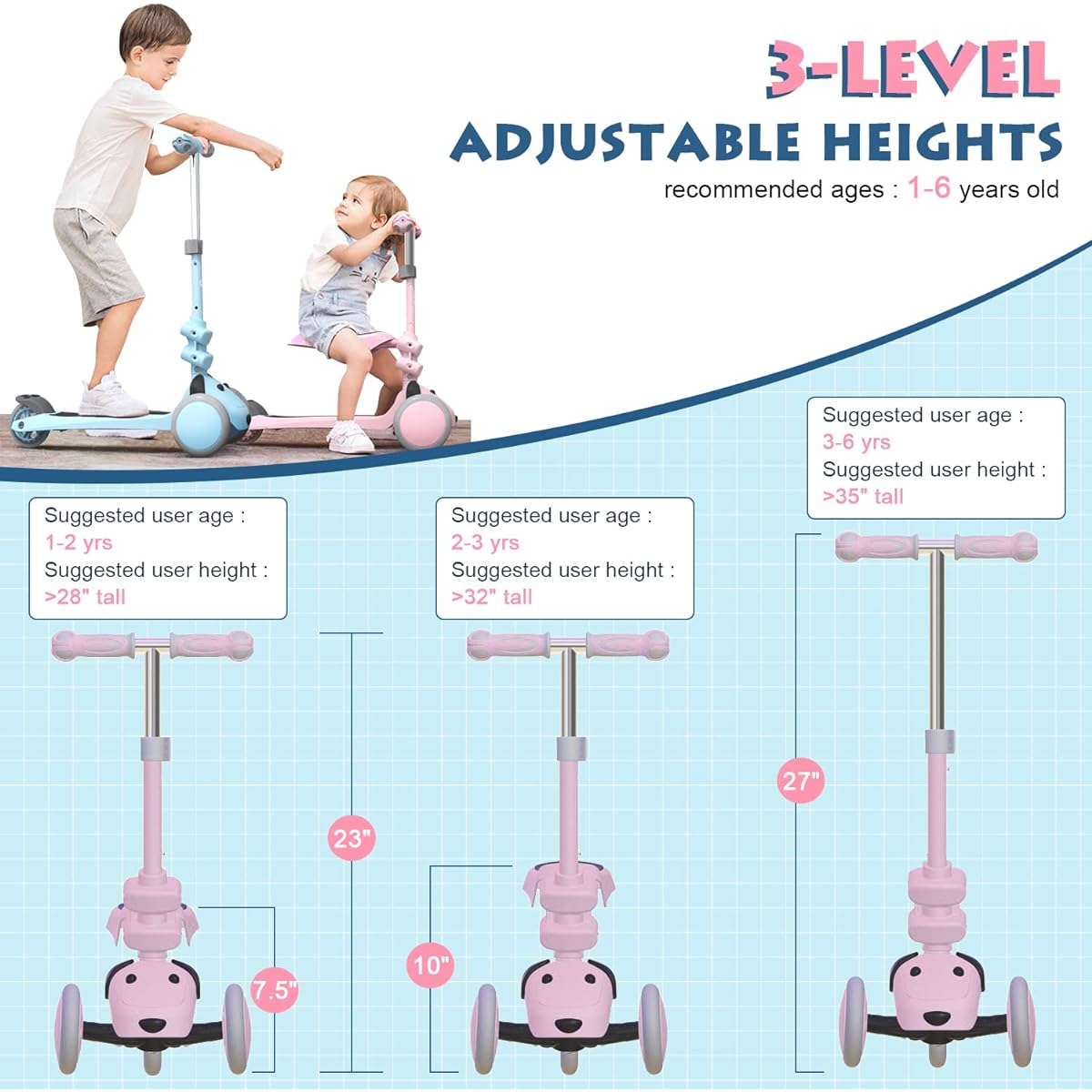 Mountalk Toddler Folding Scooter, Kids 3 Wheel Scooter for Boys and Girls, Adjustable Height, LED Wheels