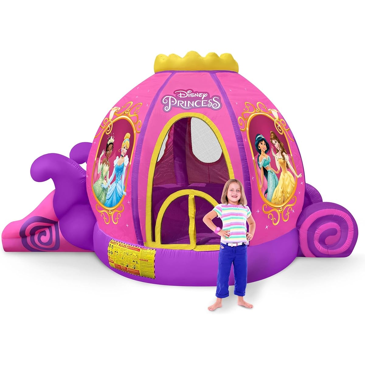 Disney Princess Carriage Inflatable Bounce House with Slide and Ball Pit, Plus Heavy Duty Air Blower with GFCI for Kids Aged 3 - 8