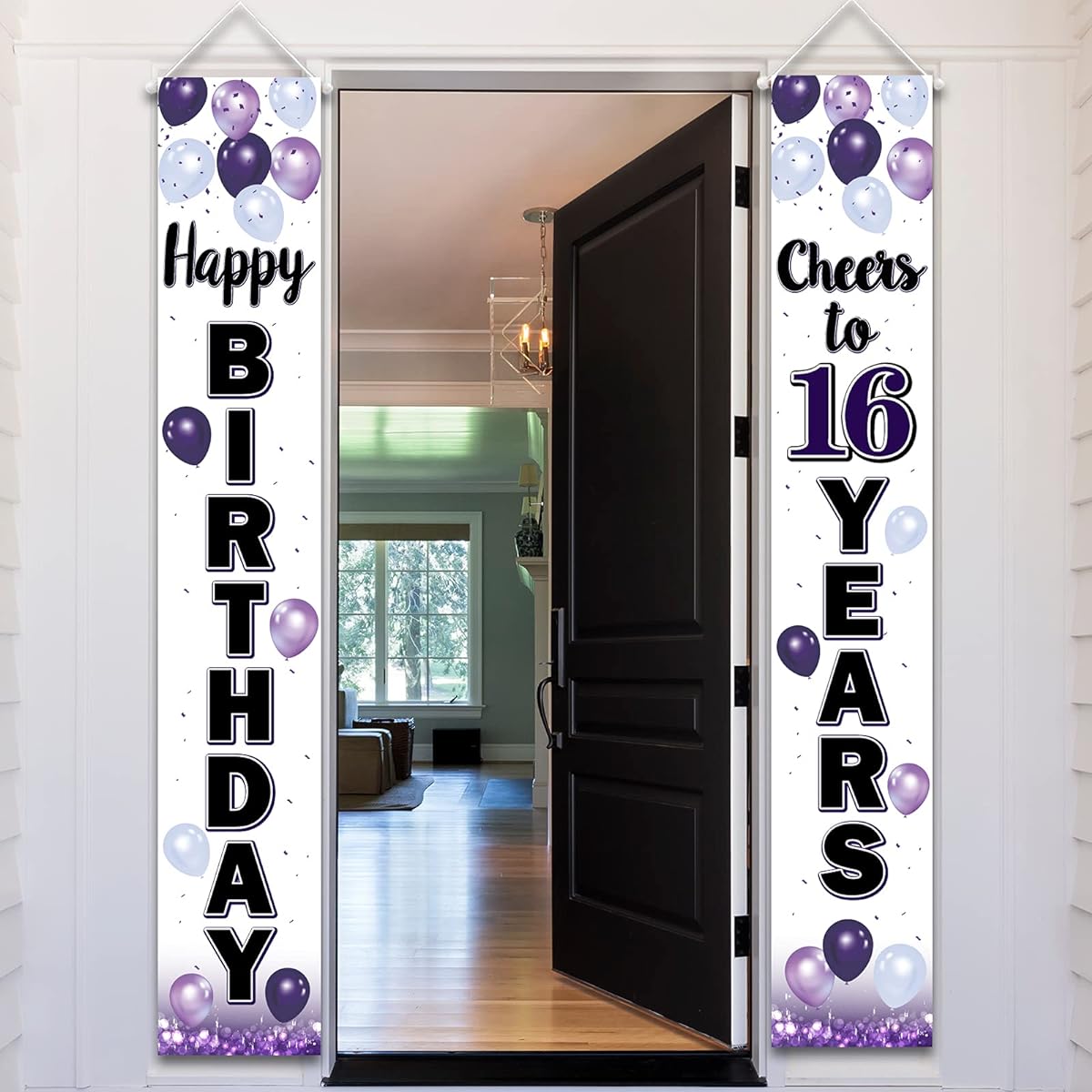 LASKYER Happy 16th Birthday Purple Door Banner - Cheers to 16th Birthday Entrance Porch Sign Backdrop 16th Birthday Party Decorations
