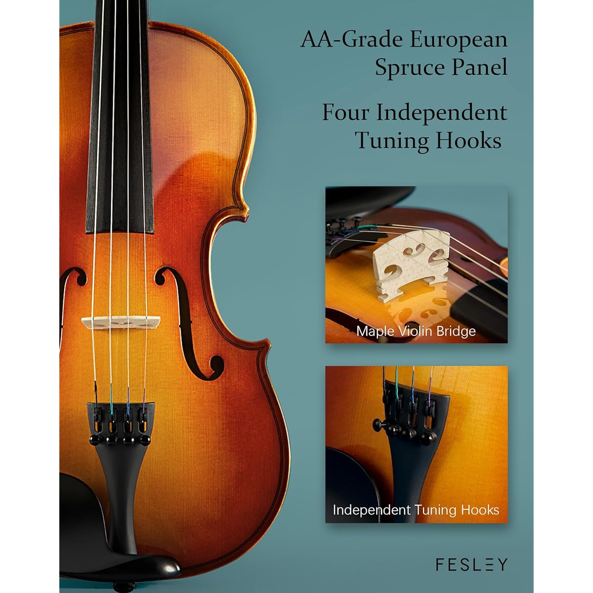 Fesley 4/4 Full Size Violin Set 4/4 Violin for Beginners and Adults with Hard Case, Solid Wood Fiddle with Bow, Rosin Shoulder Rest, Tuner, Extra Violen Strings, Cleaning Cloth, Finger Guide