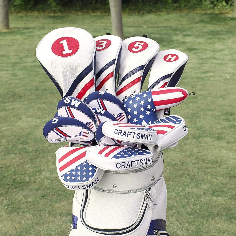 CRAFTSMAN Golf Wood Cover Head Cover Club Cover for Driver/Fairway Wood/Hybrid with Number Tag Set of 4 (135H) Three Piece Simple Design Synthetic Leather White Blue Red