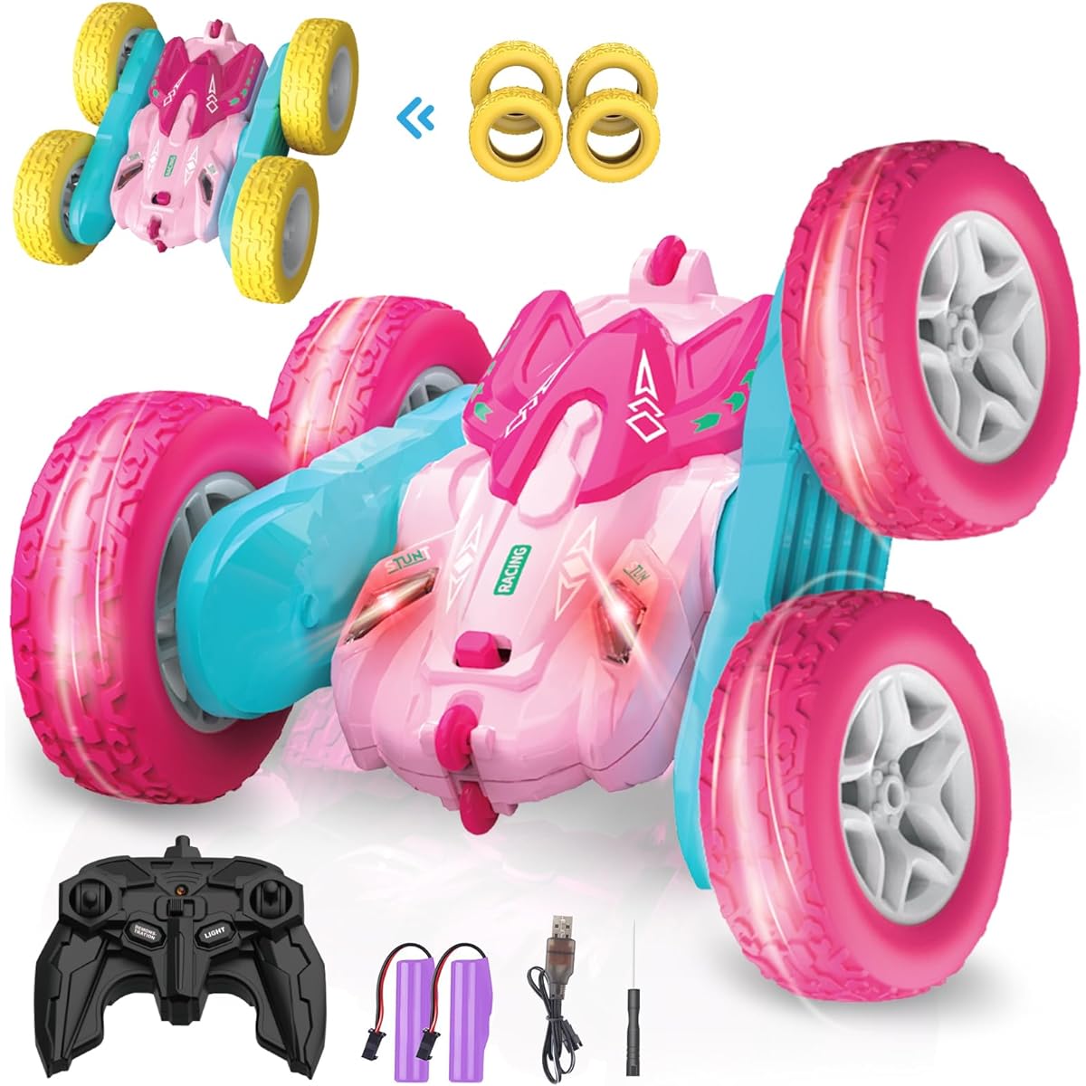 seveclotree Remote Control Car for Kids, 360 Degree Rotation Double Sided RC Car 4WD 2.4Ghz Stunt Car Toy with Headlights Birthday Gift for Boys and Girls Ages 6+