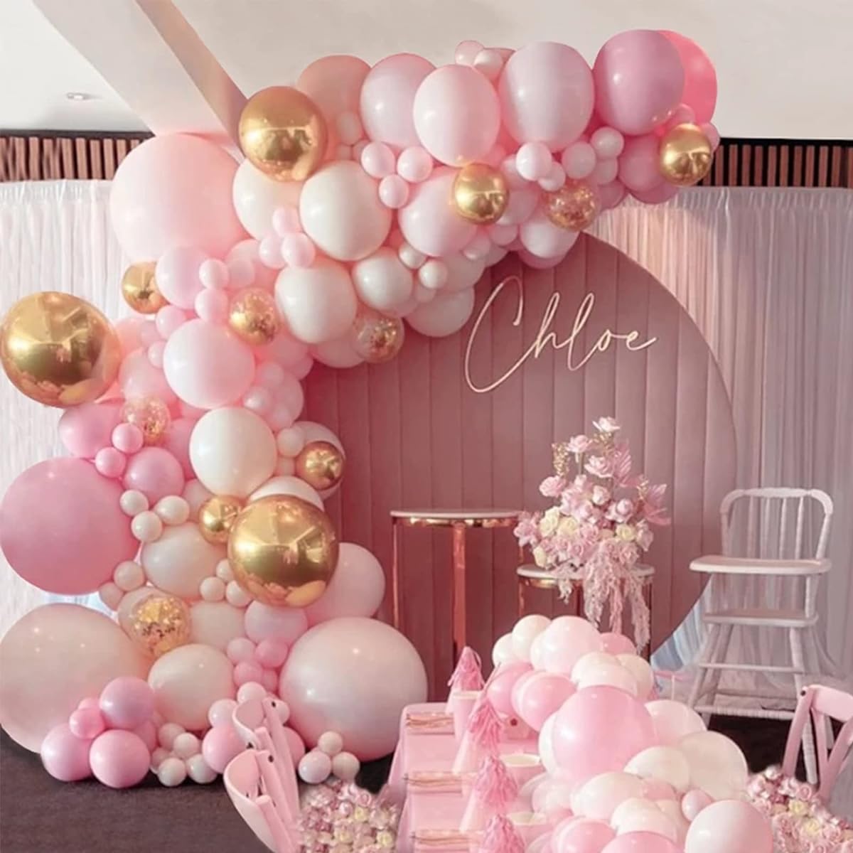 Macaron Pink Balloons Garland Arch Kit Pink White Gold Latex Balloons with 4D Globe and Gold Confetti Balloons for Wedding Birthday Party Decoration Baby Shower