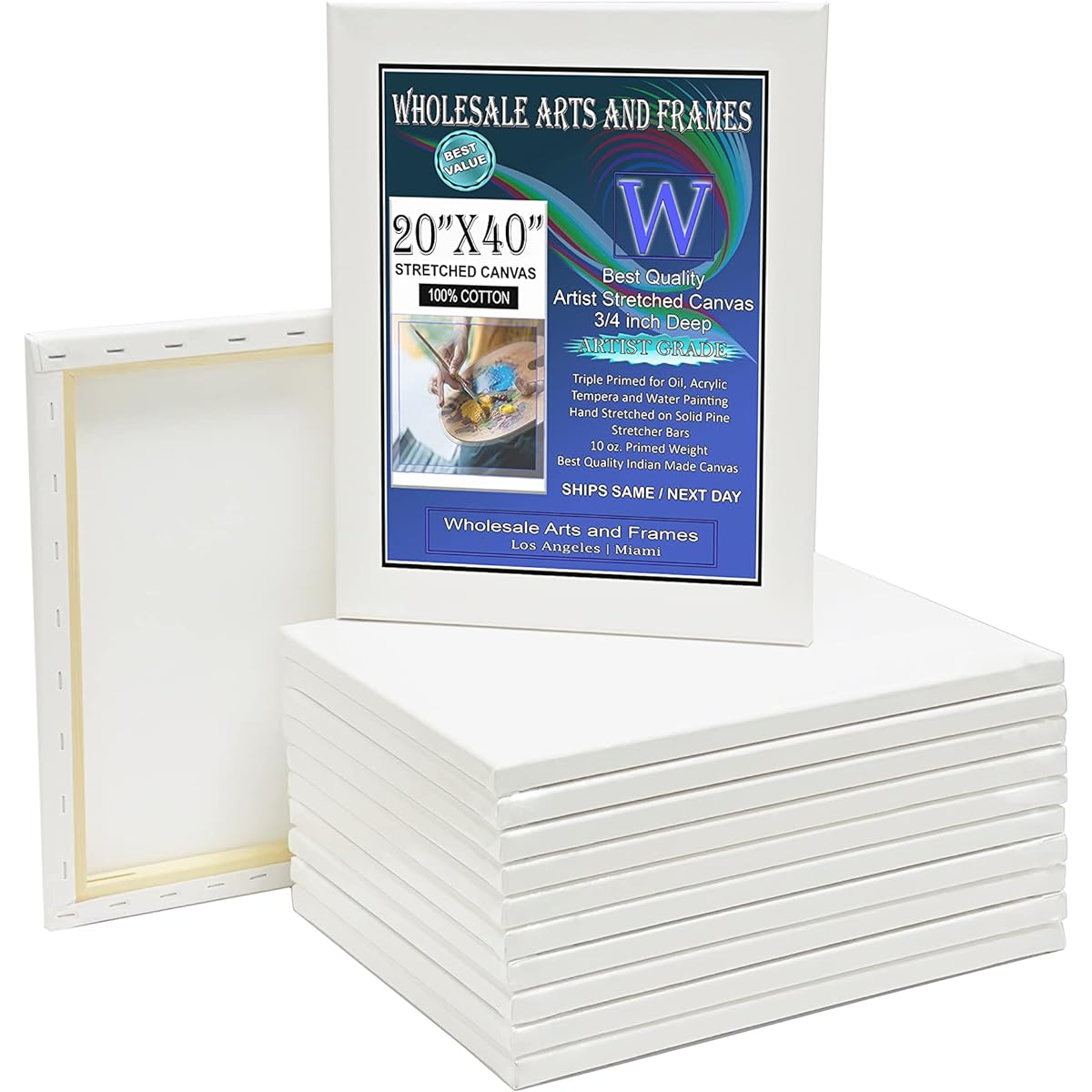 WholesaleArtsFrames-com Stretched Canvas 20x40 20 Pack 10oz Triple Prime Professional Artist White Canvas 100% Cotton Art Supplies for Crafts Oil Gesso Prime Acrylic Pouring Art