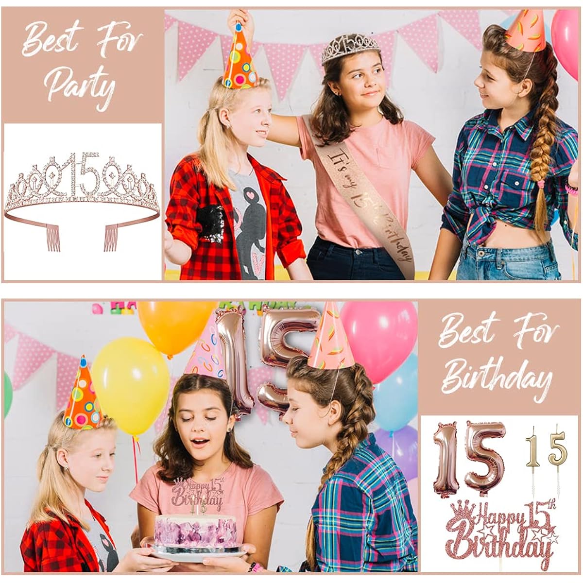 Sweet 15 Birthday Decorations for Her - 5 Piece Gifts, 15th Tiara Crown, Sash, Cake Topper, Balloons, Birthday Candles, 15th Birthday Gifts for Girls