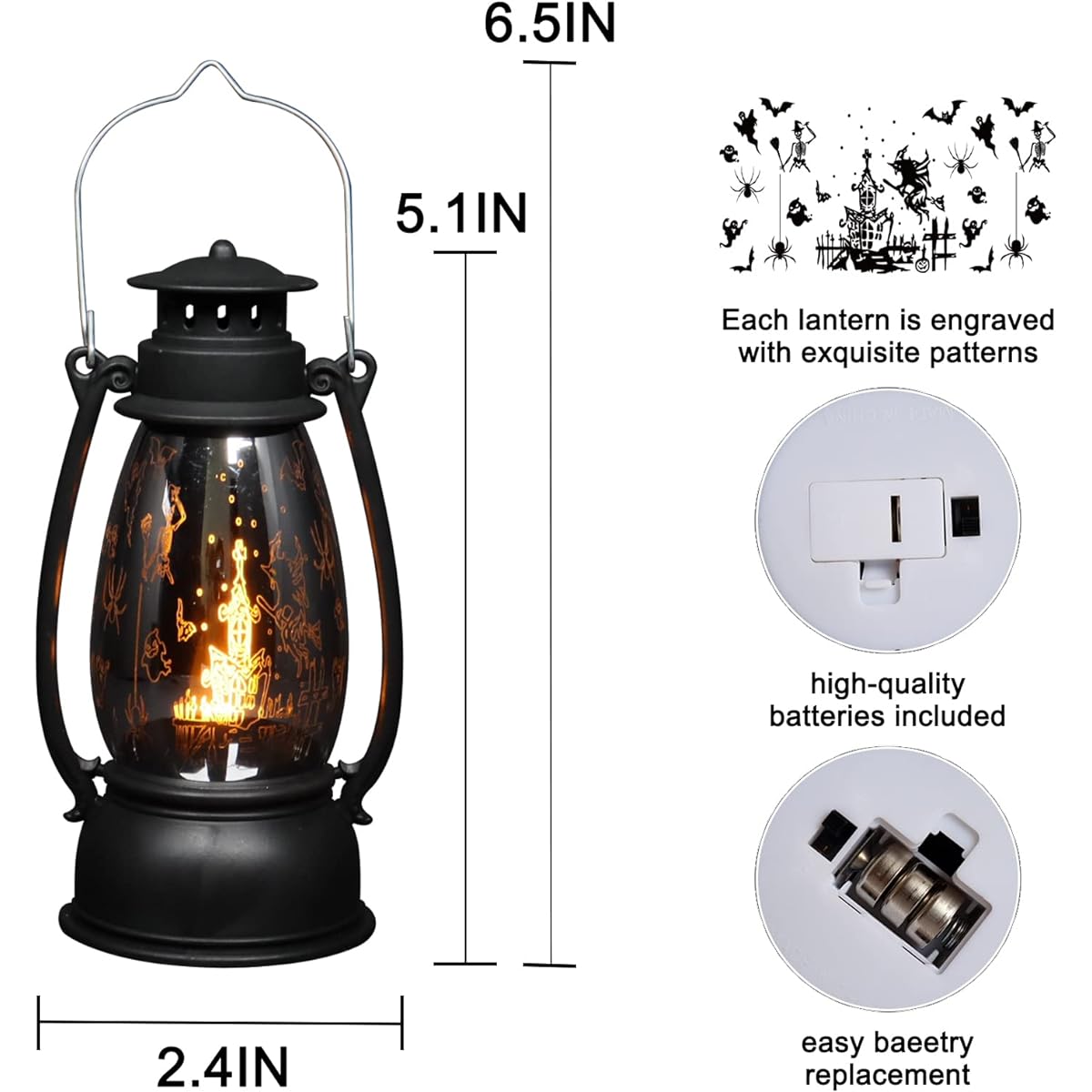 Reperla Halloween Mini Lanterns 6 Pack LED Small Lanterns Indoor Lanterns Decorative Farmhouse Decor Outdoor Hanging Lanterns Decorative Candle Lanterns Halloween Decor Ambience (Black)