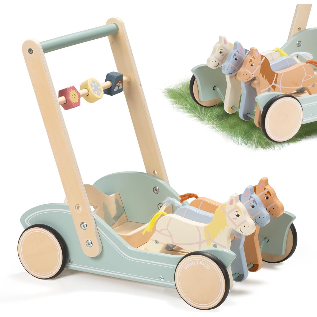 Giant Bean Wooden Baby Walker for Boys and Girls, Galloping Pony Push and Pull Learning Activity Walker, Baby Push Walker with Wheels, Montessori Toy, Develops Motor Skills and Inspires Creativity