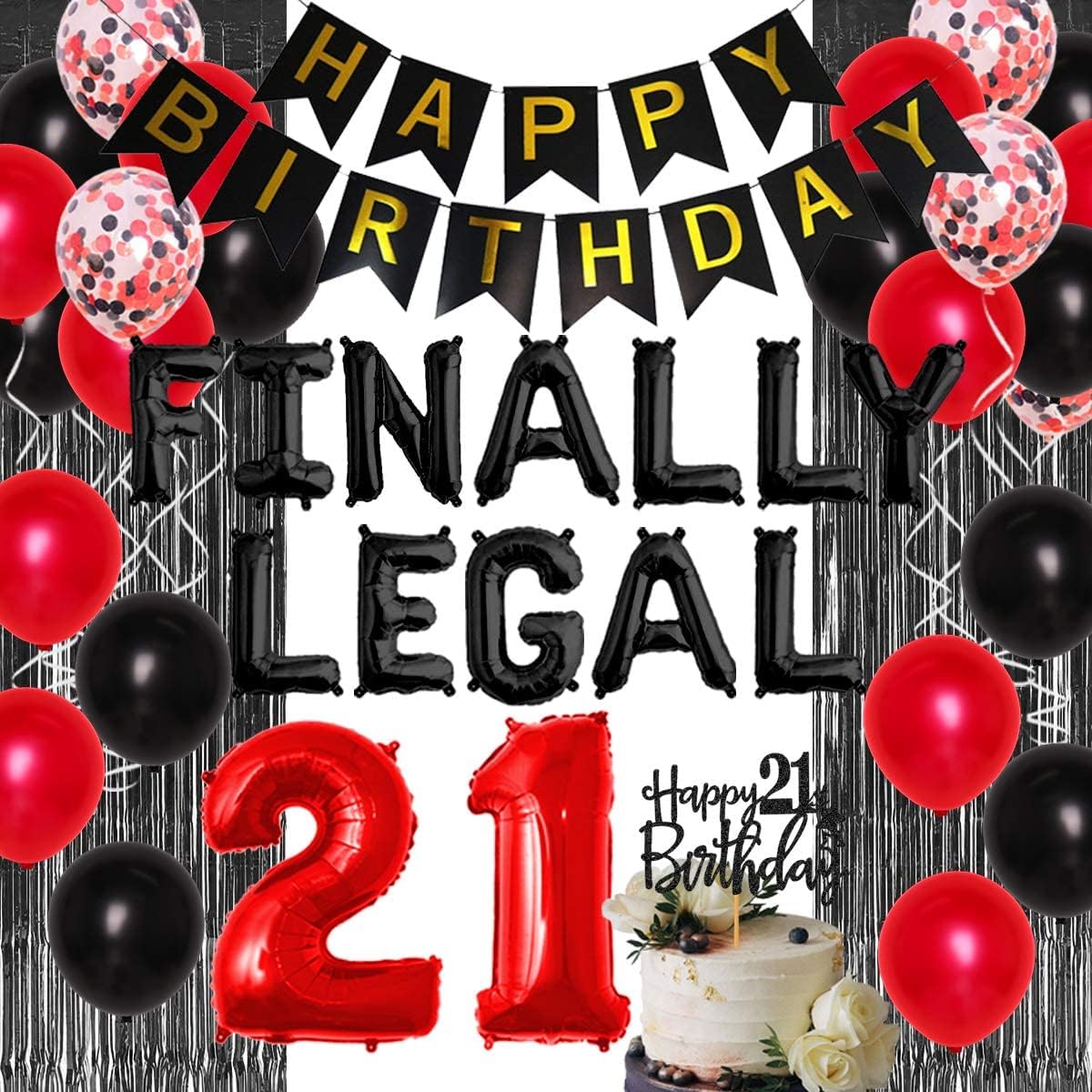 Finally Legal 21st Birthday Decorations for Teens Adults Black and Red 21st Birthday Party Supplies Finally Legal Birthday Balloon Banner Fringe Curtain Number 21 Balloon Decor