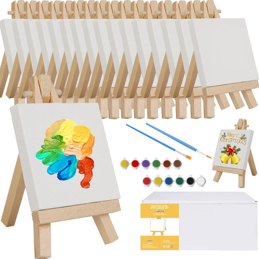 Gredak Mini Canvas Painting Easel Set - 18 Pieces 3 x 3" Mini Canvases, 18 Pieces 5" Mini Easel, Acrylic Paints, Brushes, Small Canvases for Adults and Kids, Art Supplies, Painting Supplies