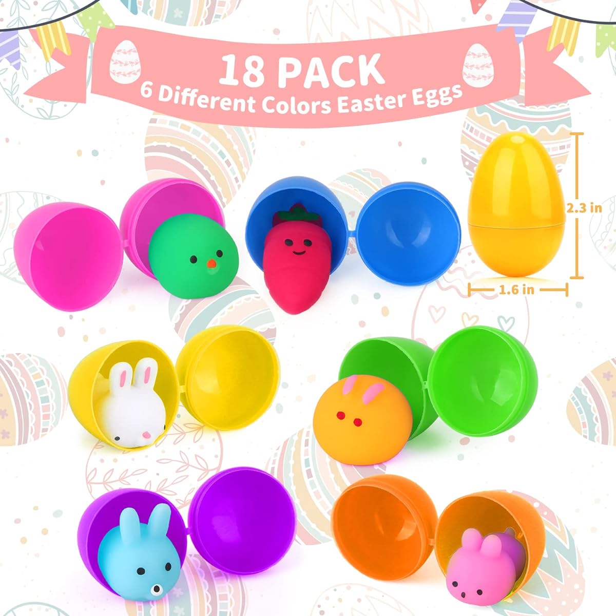 Opawel Easter Basket Stuffers Squishy Toys, 18pcs Easter Egg Fillers, Colorful Prefilled Easter Eggs for Easter Theme Party Favors, Easter Egg Hunt