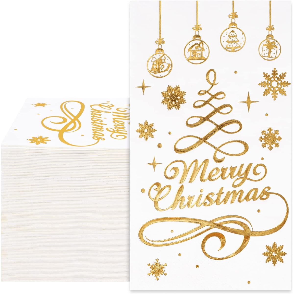 Whaline 80 Pieces Christmas Guest Napkins Gold Foil 3 Layer Disposable Paper Pack Christmas Tree Snowflake Pattern Dinner Hand Towel Napkins Christmas Party Winter Holiday Wedding Birthday Table Decoration
